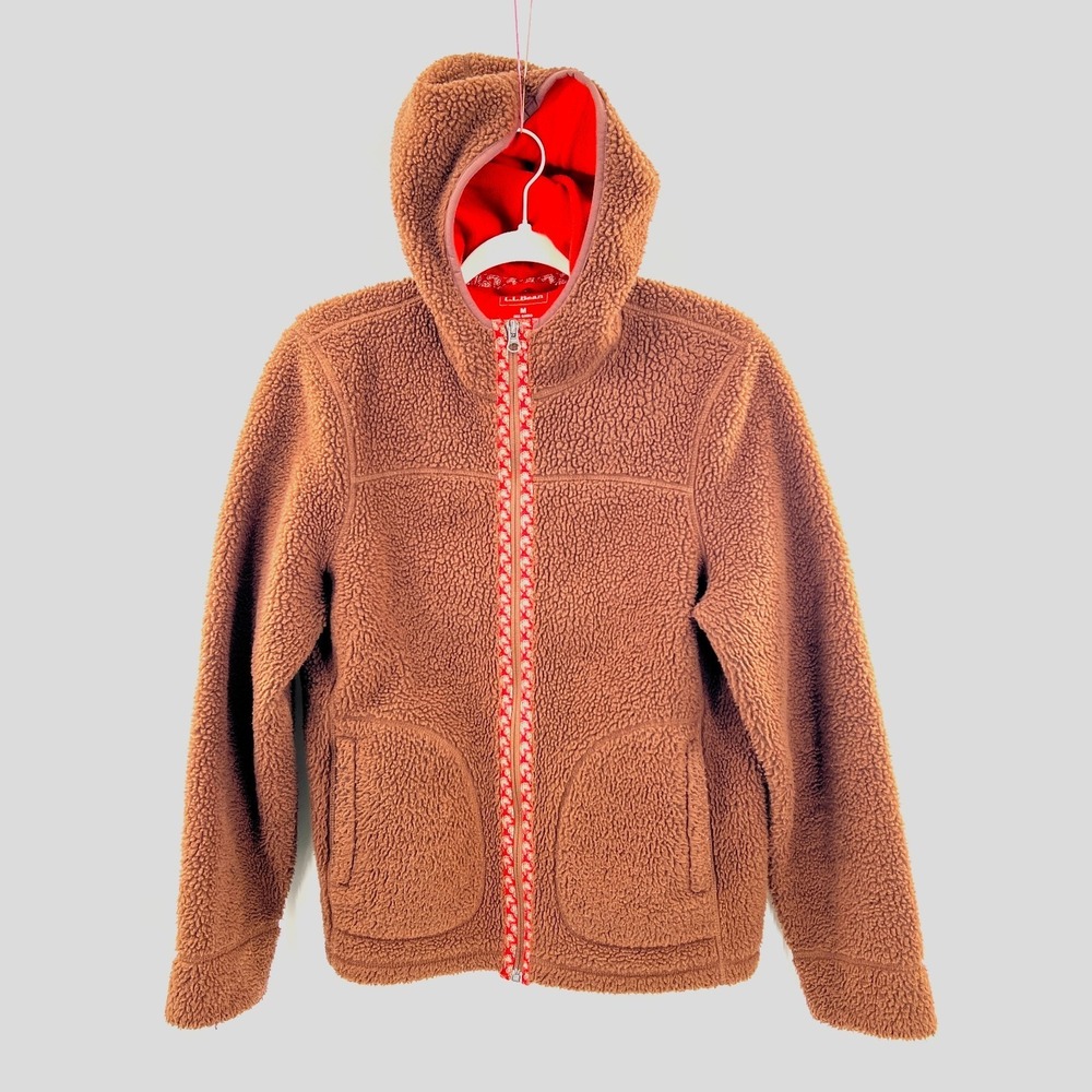 LL Bean berber sherpa teddy fleece full zip front hooded jacket brown nordic M‎
